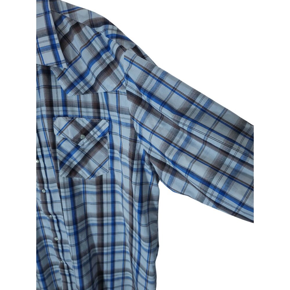 Men's 3X Plaid Western Snap Shirt Plains Big Man Cotton Blue/Brown - Picture 12 of 12